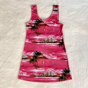 Vintage pink tropical euro AOP all over print sleeveless mini bodycon dress sz M